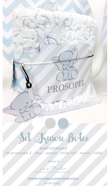 Trusou de botez cu broderie personalizata pentru baieti, Bleu & Grey Elephant 3
